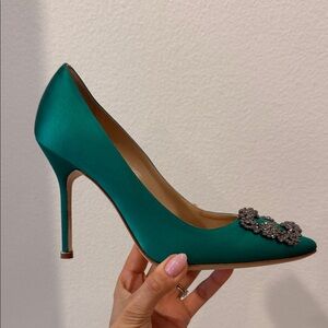 Manolo Blahnik Teal Satin Heels with Crystal Embellishment